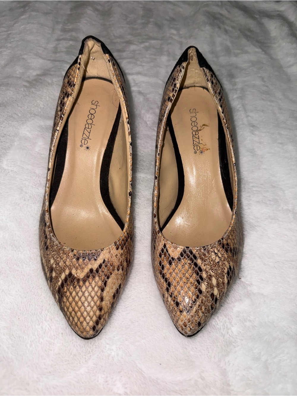 Shoe Dazzle Snake-Print Pointed Heels in Tan and Brown